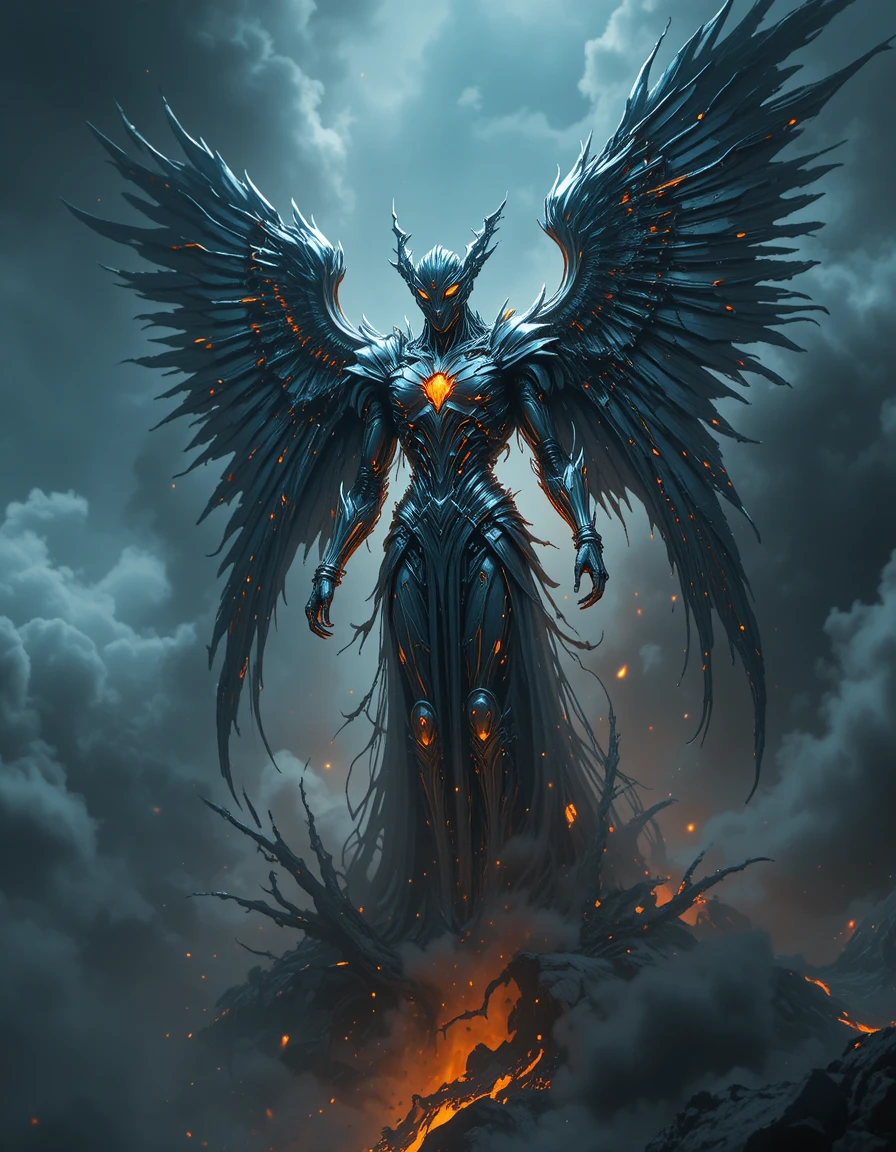 Biomechanical angel descending through fiery volcanic clouds