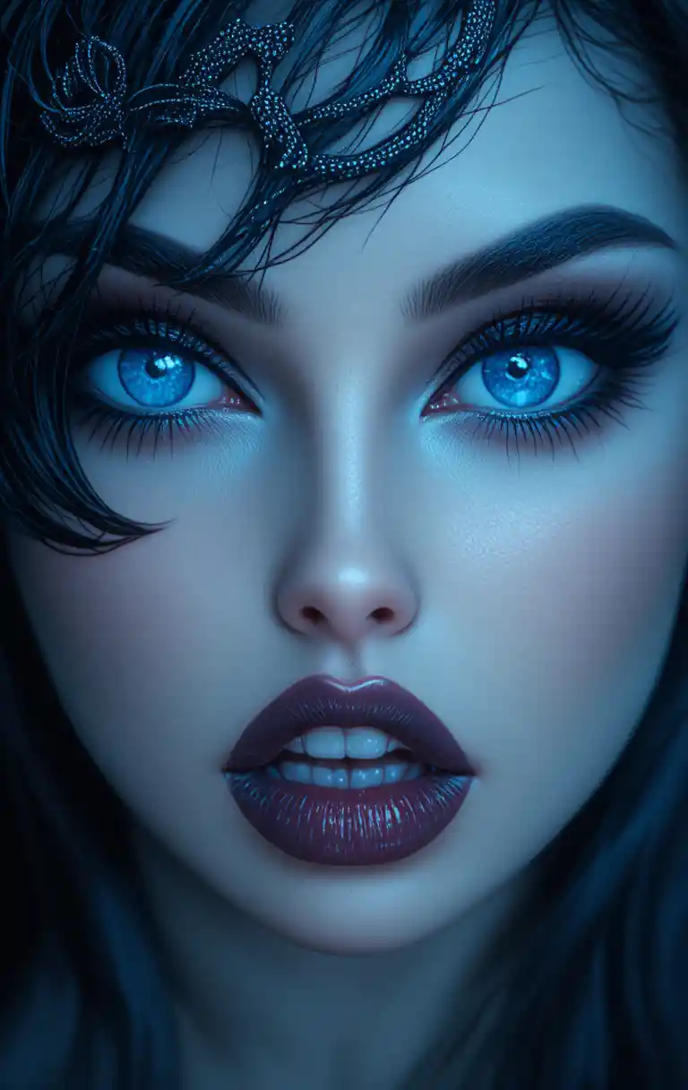 Vampire woman close up with piercing blue eyes