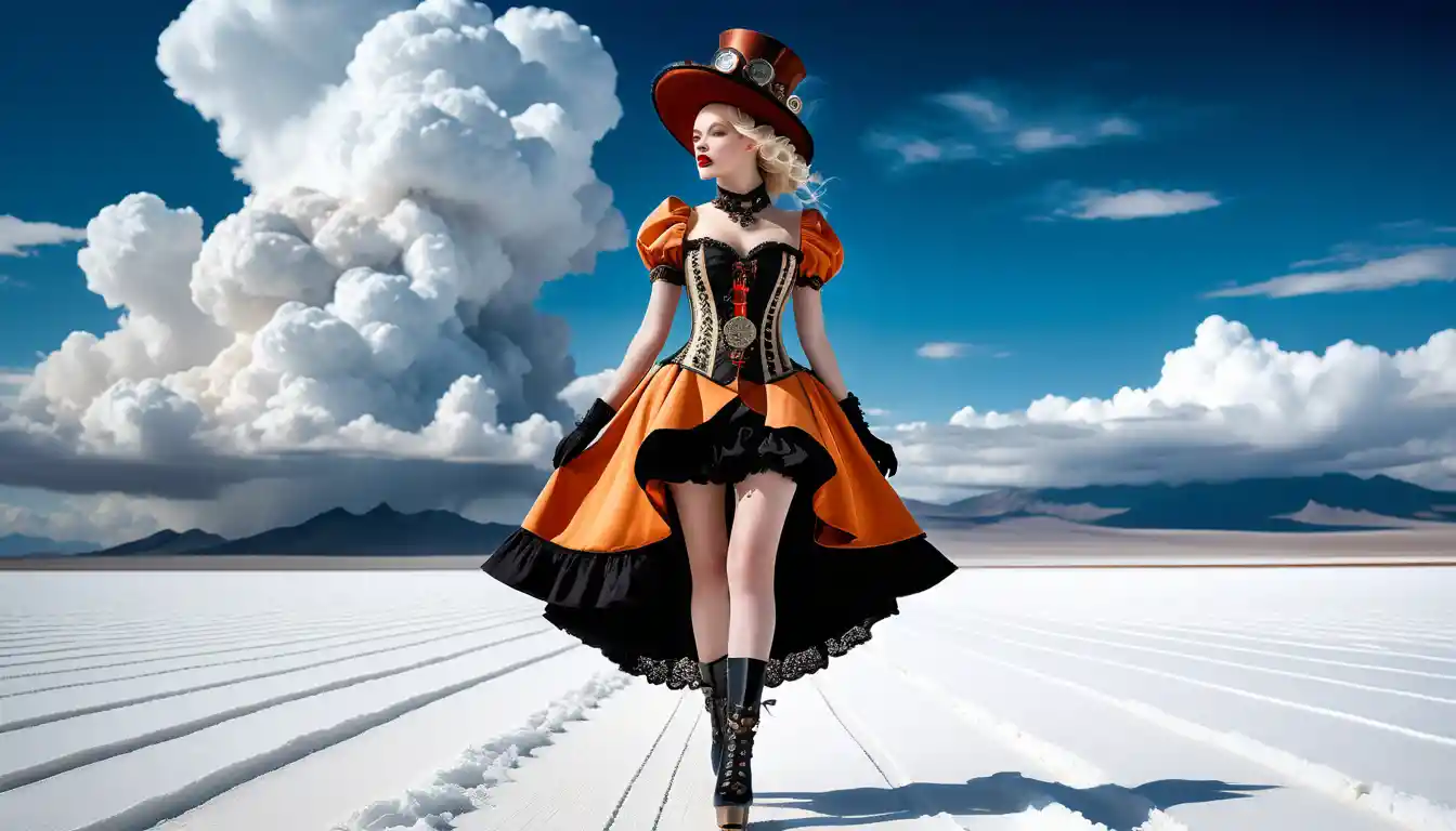 Surreal steampunk woman walking across endless salt flat runway