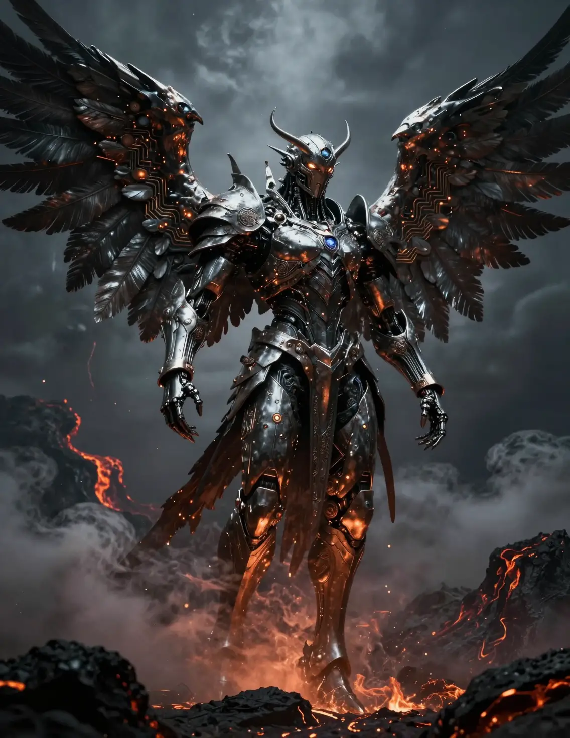 Biomechanical angel descending through stormy volcanic clouds