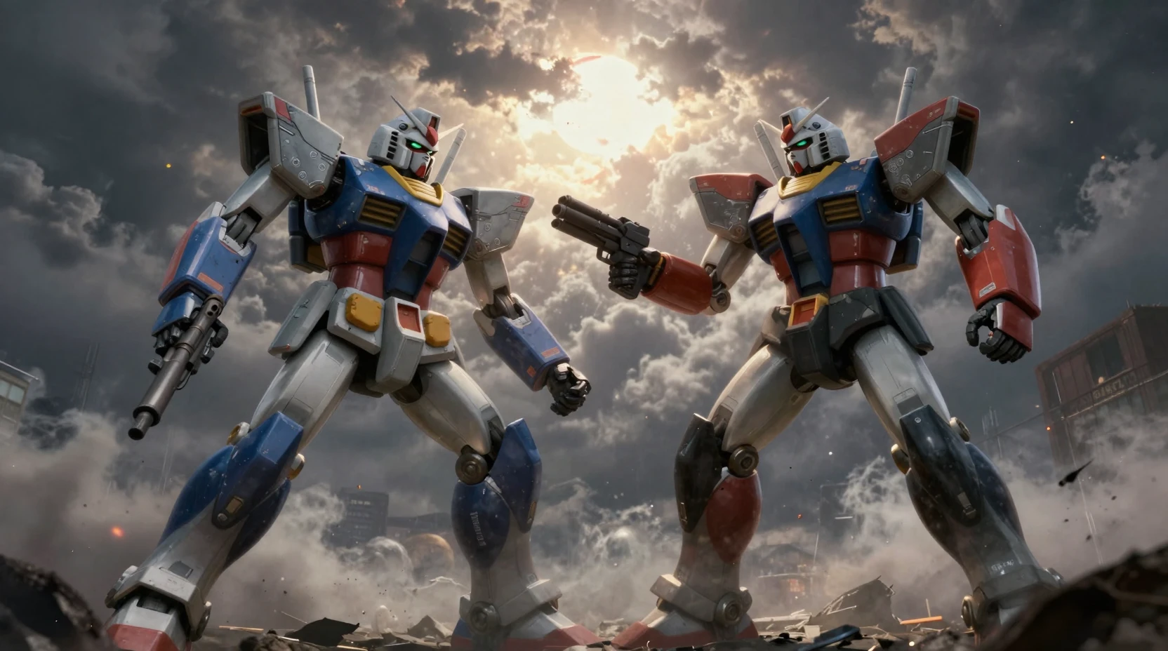Two colossal battle robots clash on ruined future Earth