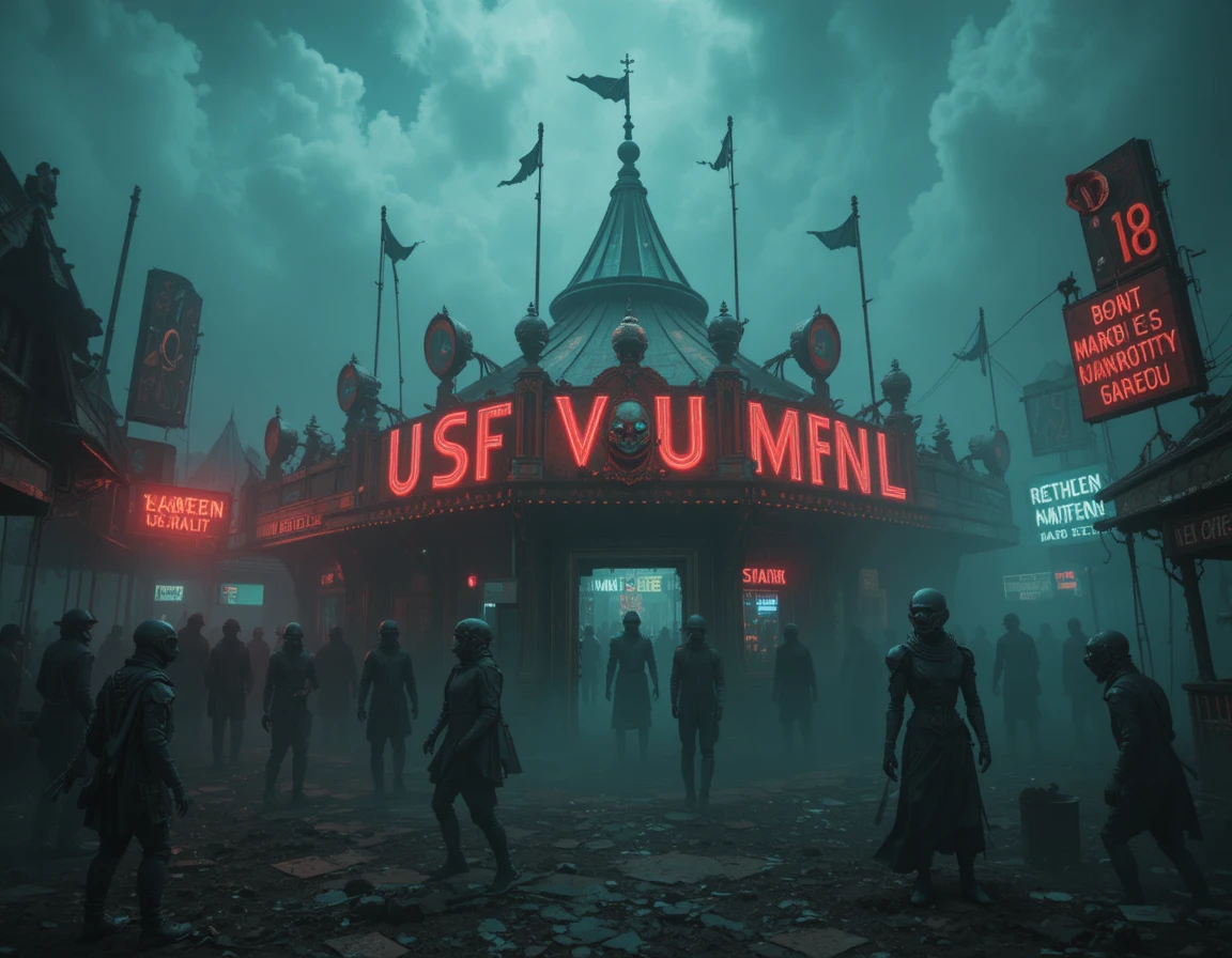 Decaying carnival emerging from dense midnight fog