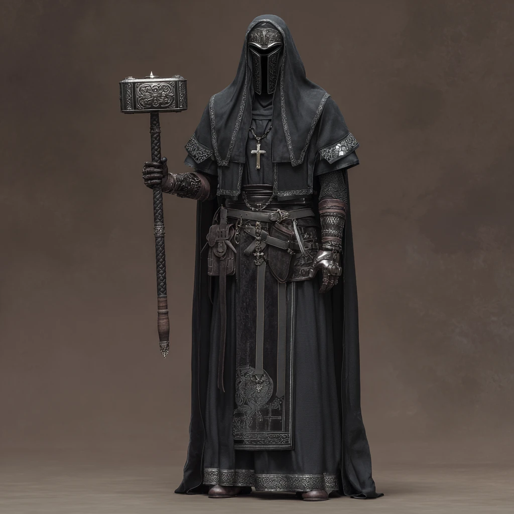 Dark fantasy zealot warrior in black and silver vestments