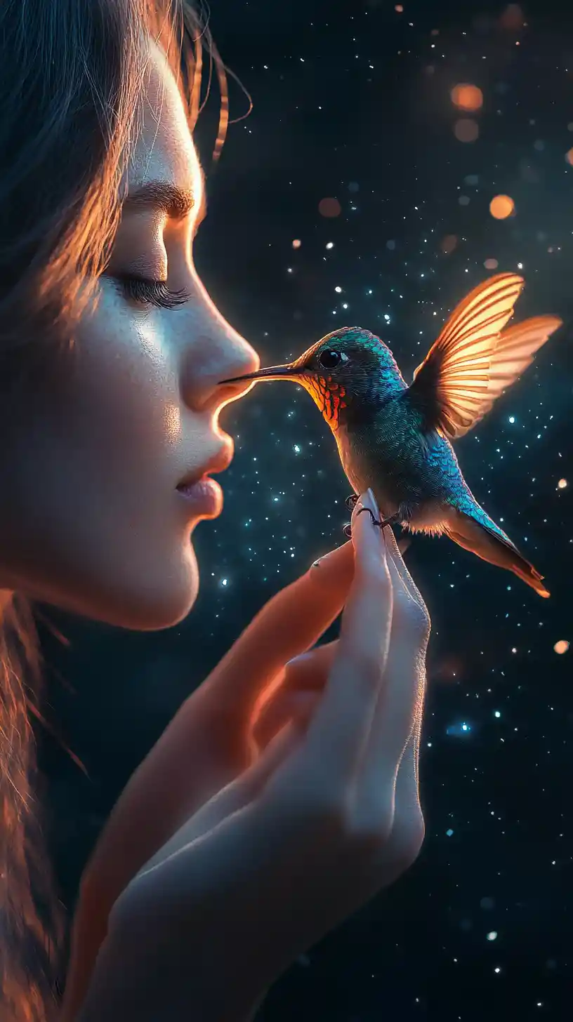 Girl with glowing hummingbird in intimate fantasy close up