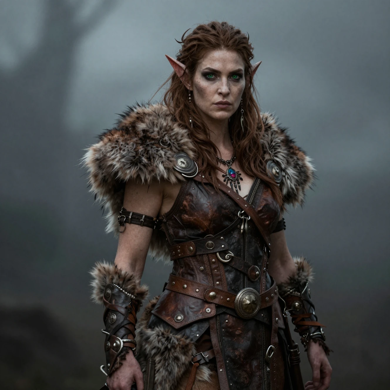 Dark fantasy druid woman in leather and fur garments