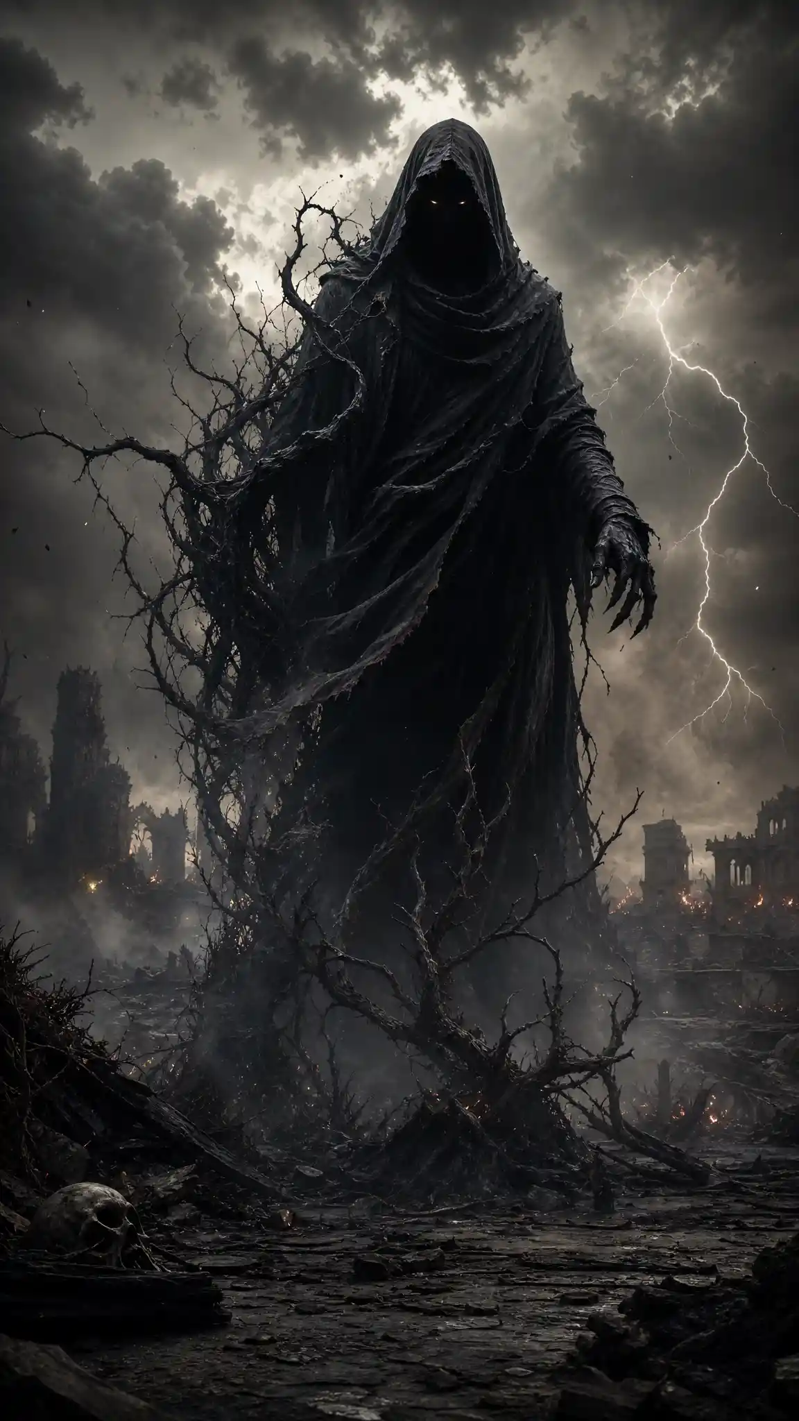 Silhouette Sombre et Mençante Émergeant d’un Paysage de Tempête Apocalyptique