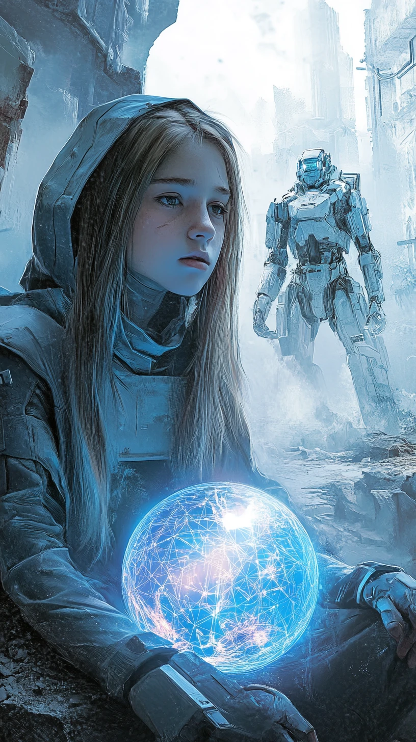 Young girl in profile with holographic sphere in hand
