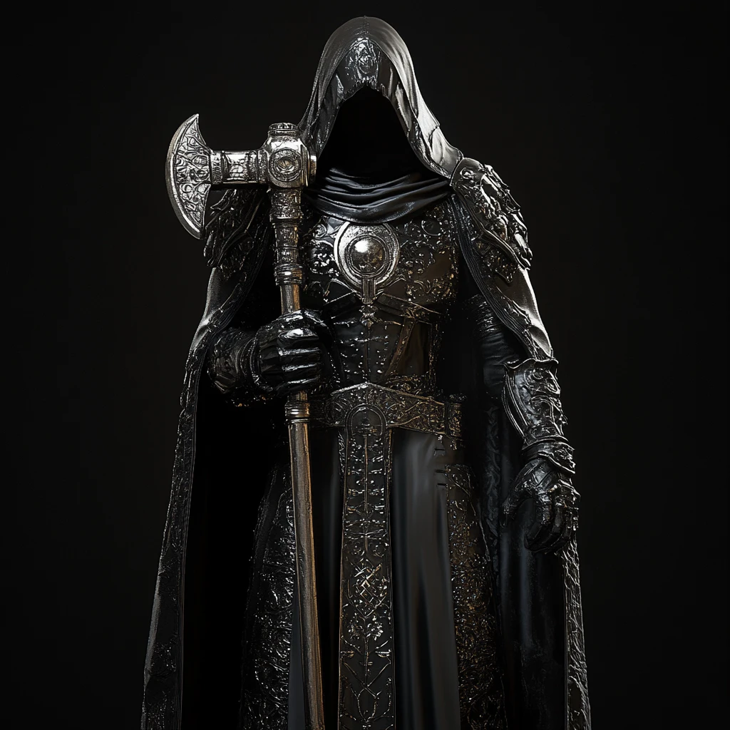 Dark fantasy zealot warrior in holy vestments with hammer