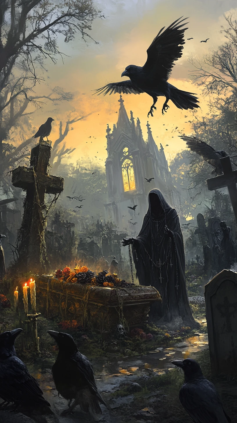 Grim reaper with ravens in a gothic cemetery