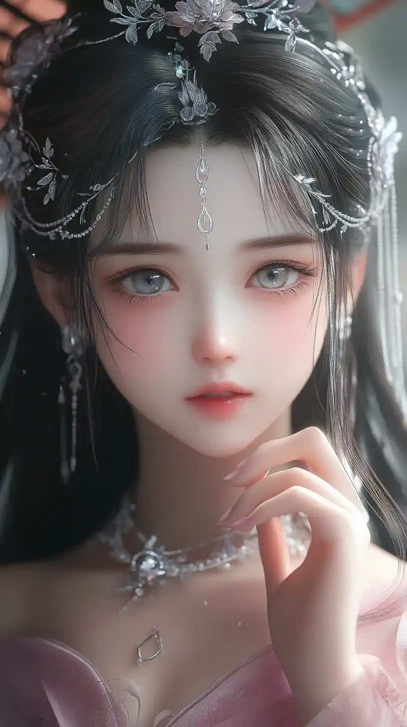 Ethereal anime girl with silver ornaments and soft pastel dress