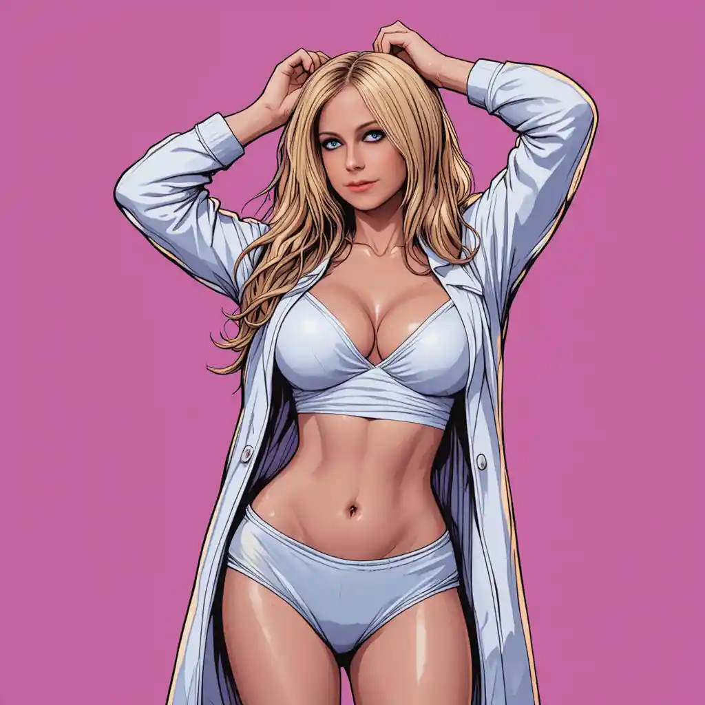 Curvy woman in white lingerie and lab coat posing playfully