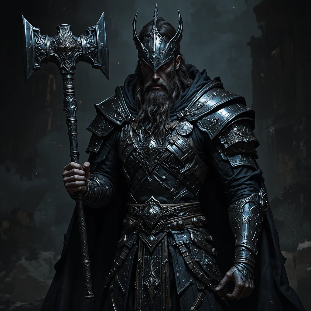 Guerreiro sagrado de fantasia sombria com vestes em preto e prata