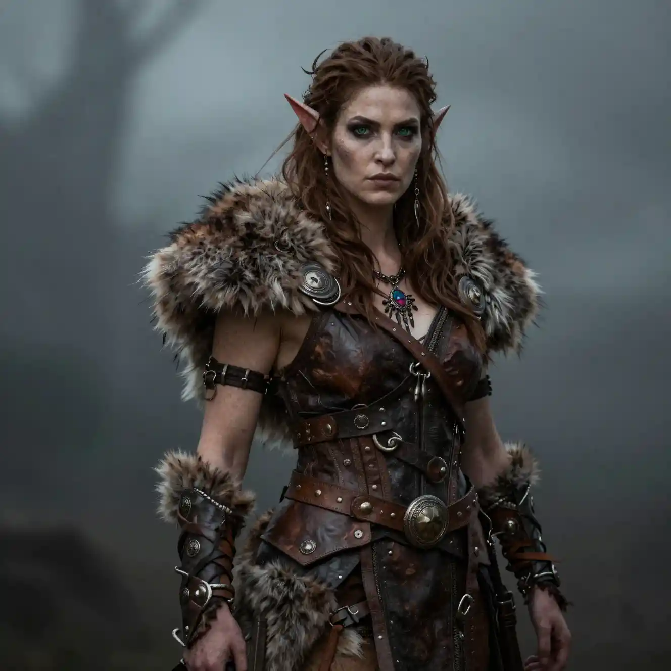 Dark fantasy druid woman in leather and fur garments