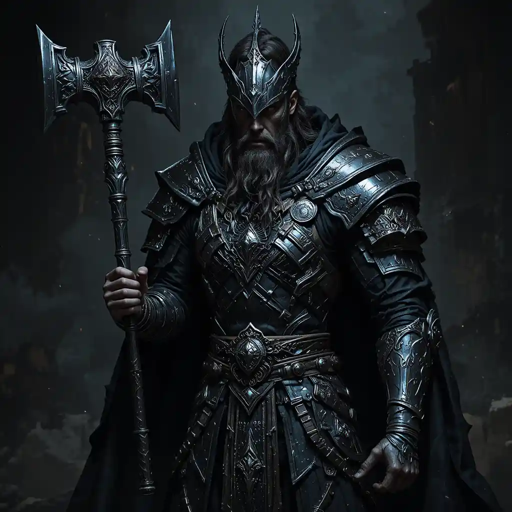 Dark fantasy holy warrior in black and silver vestments