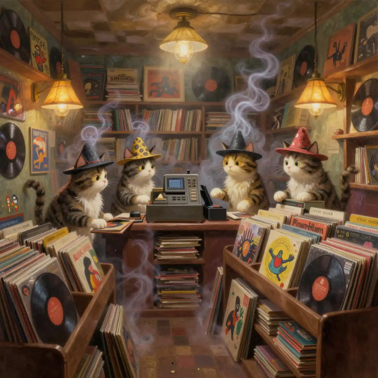Anthropomorphic cats exploring vinyl in a cozy record store
