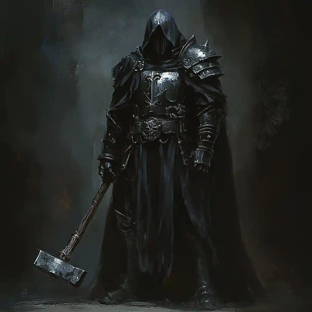 Dark fantasy zealot warrior in black and silver vestments