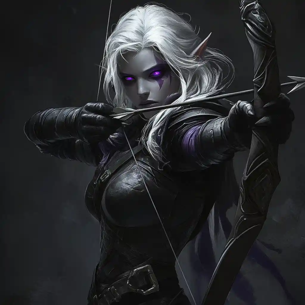 Dark fantasy drow archer with magic bow and violet eyes