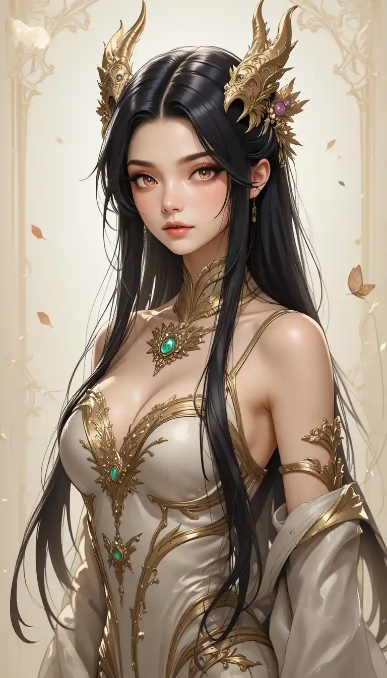 Anime dragon girl with golden eyes and sleek black hair