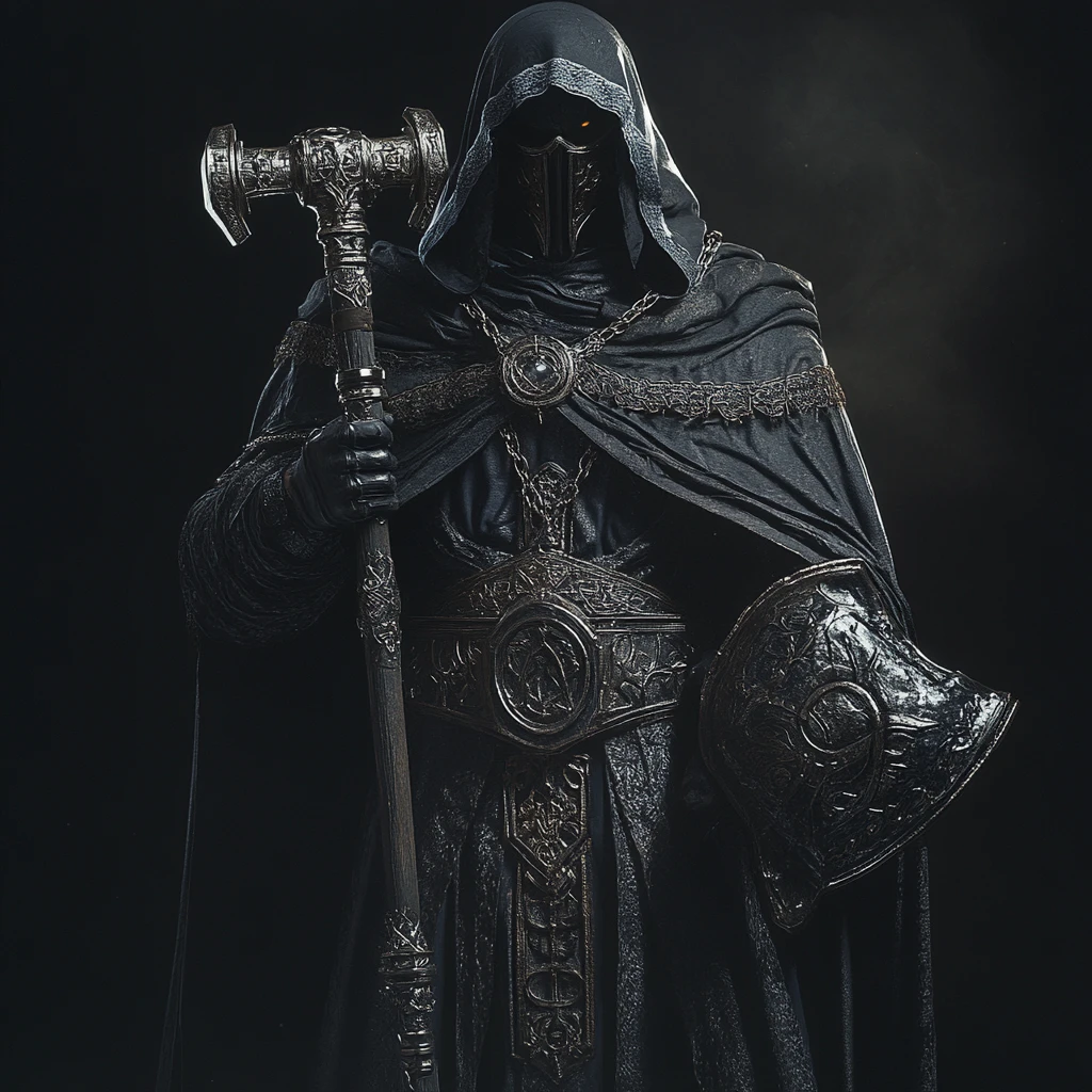 Dark holy warrior in ornate vestments with heavy hammer