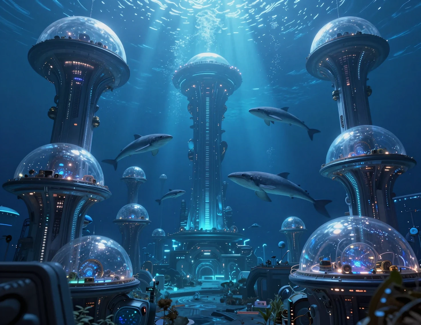 Vast futuristic underwater city with glowing domes and towers