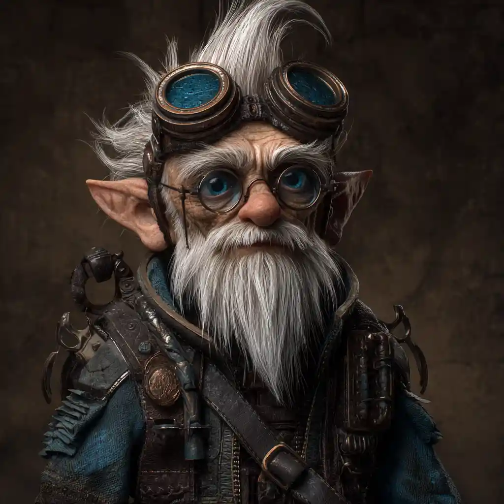 Silver haired gnome artificer with goggles and leather gear