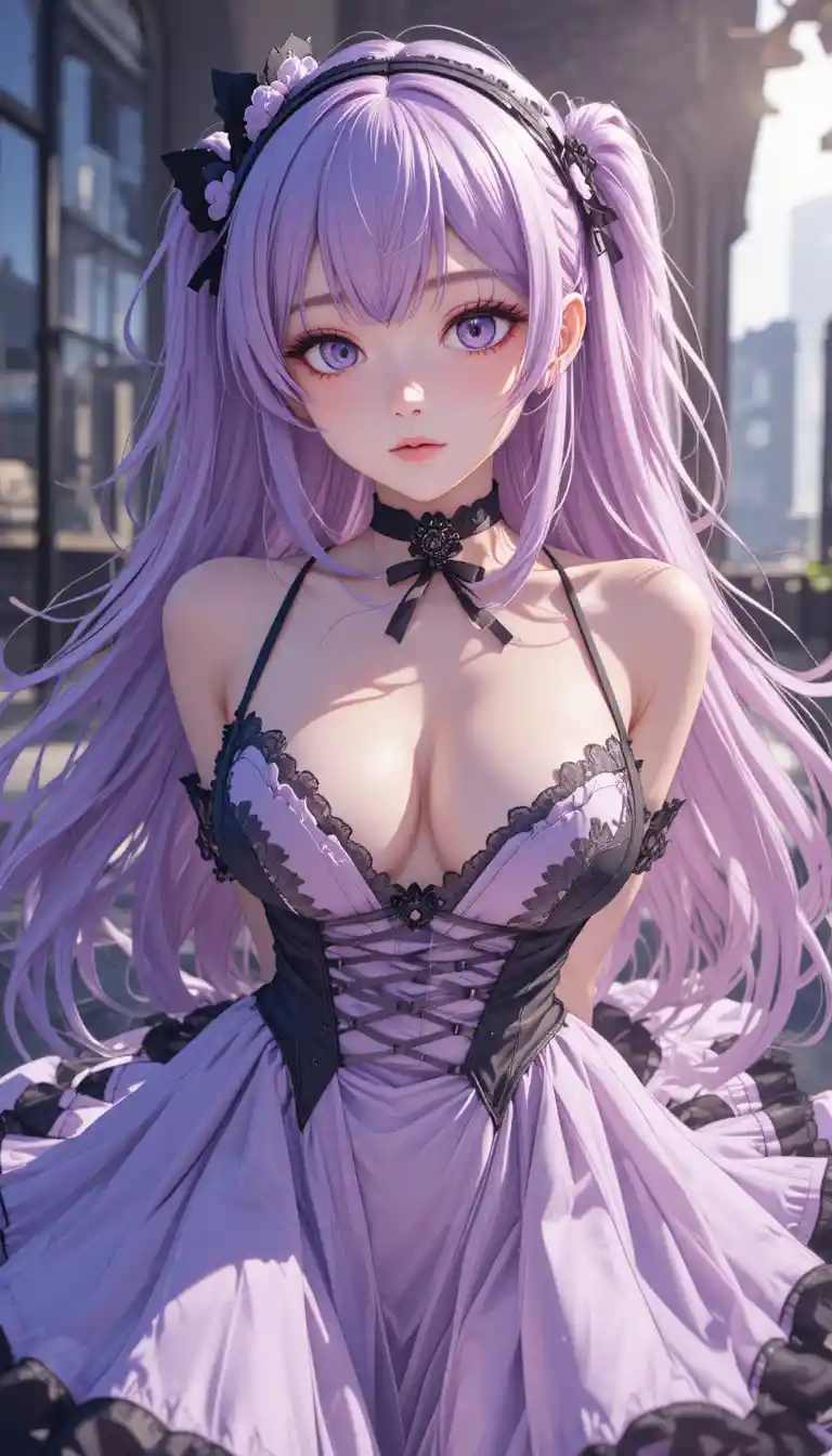 Anime girl in revealing lolita dress from pov angle