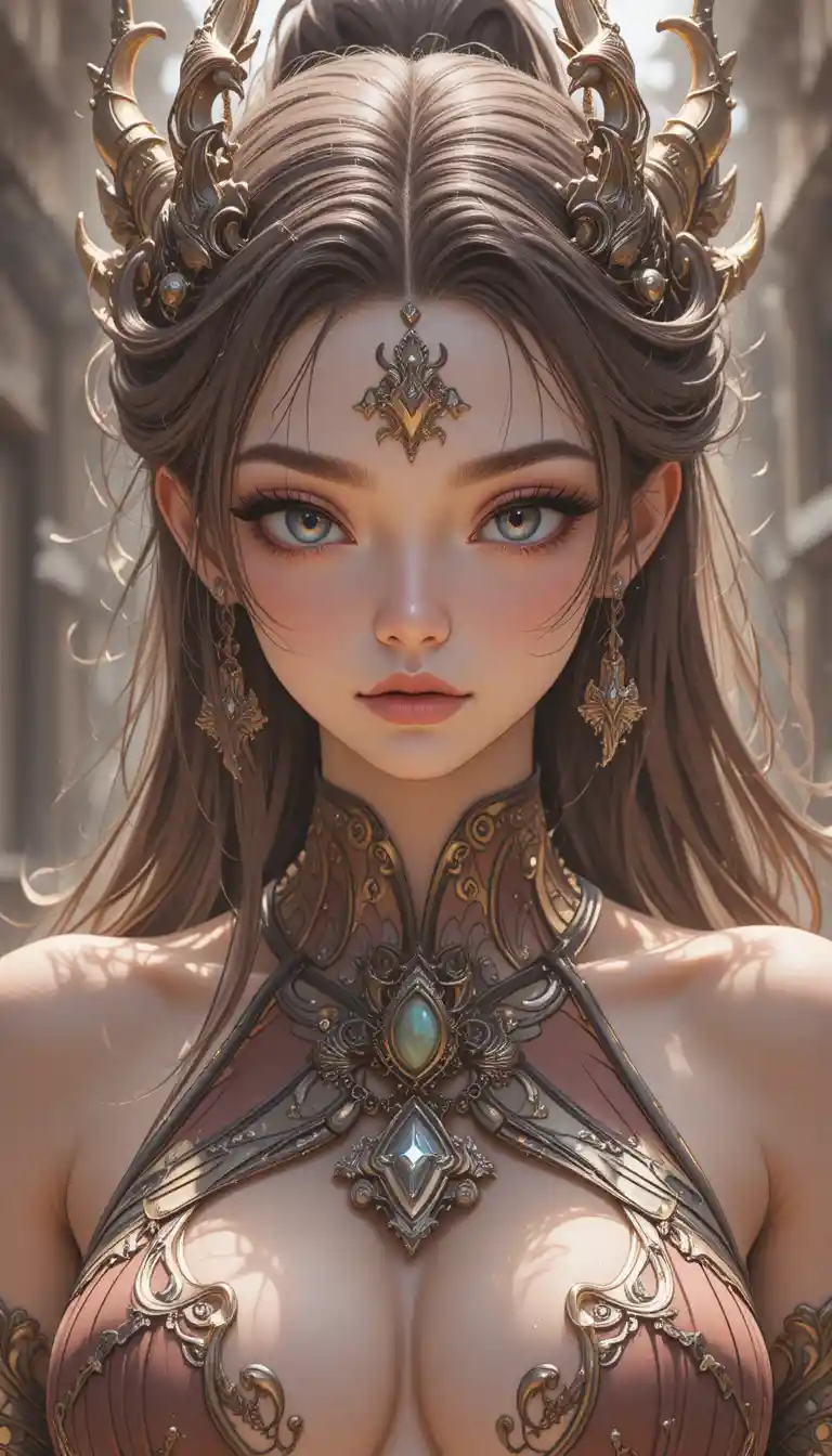 Anime dragon woman with golden eyes and curved horns