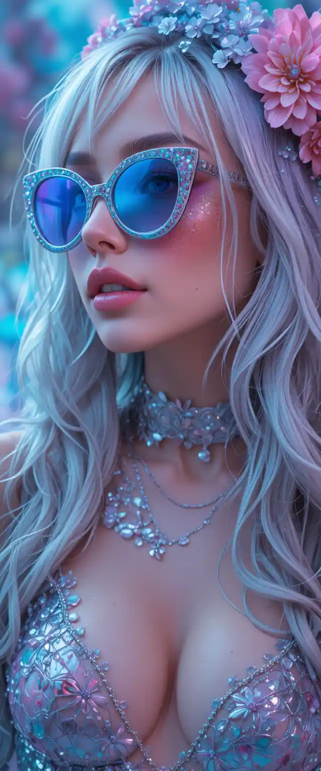 Feminine fashion portrait with bold retro sunglasses and glitch style