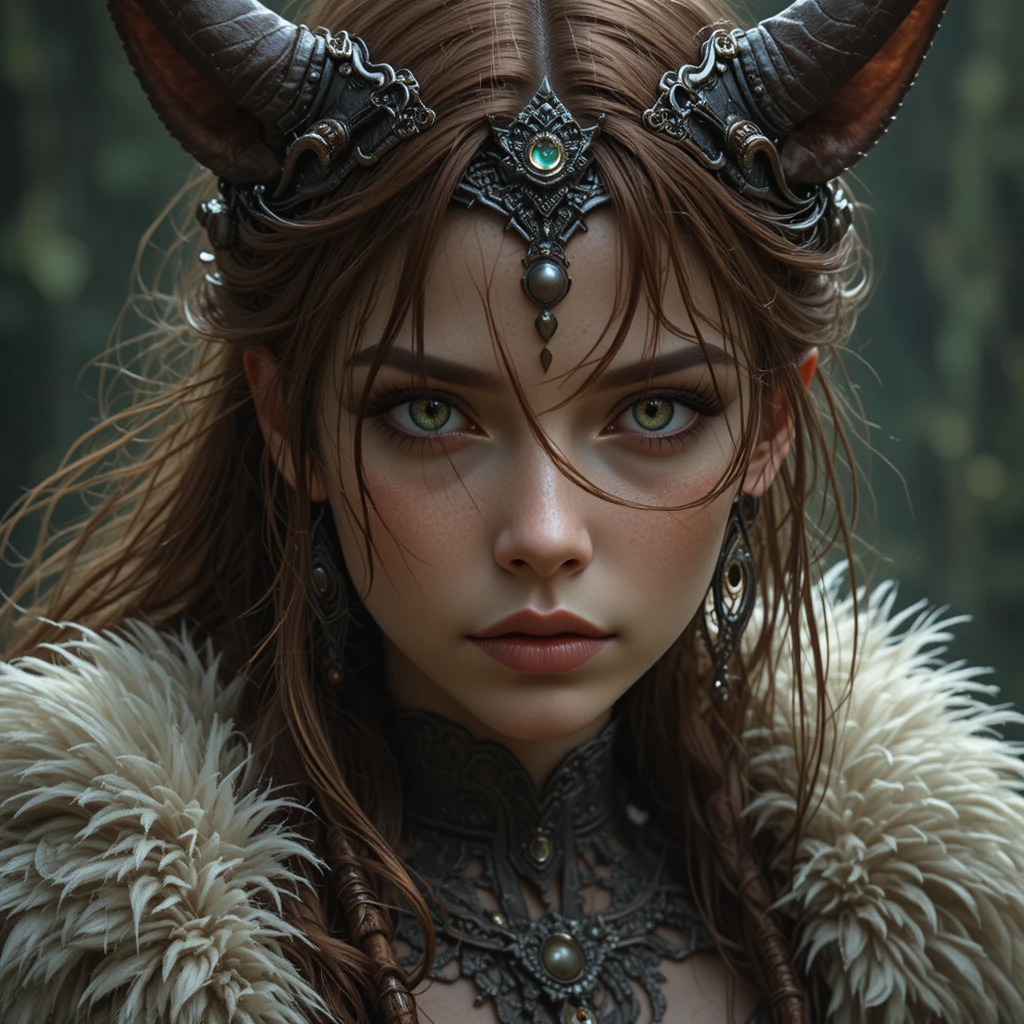 Dark druid woman with green eyes in tribal furs