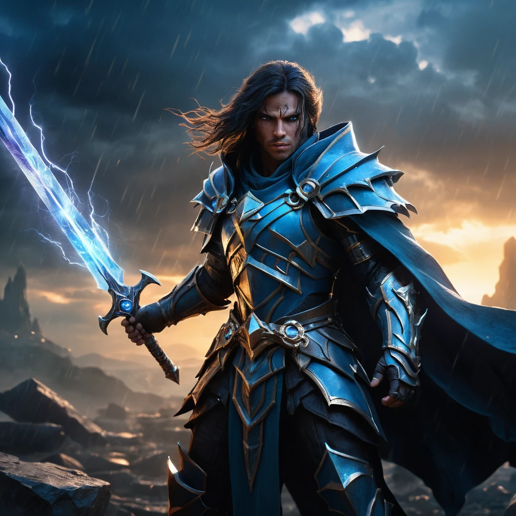 Epic fantasy warrior woman in stormy ruined kingdom