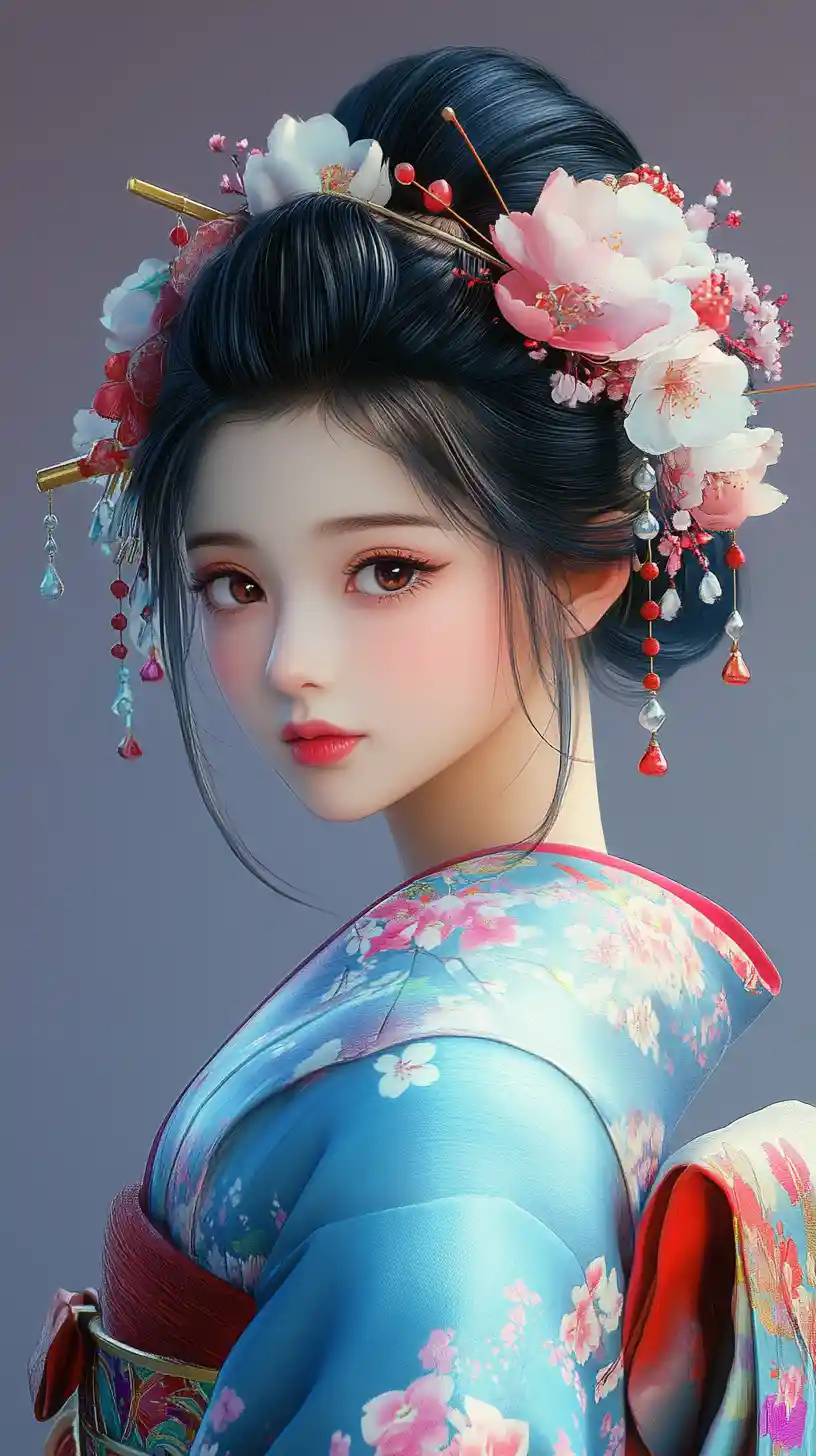 Kawaii Japanese girl in blue kimono with floral hairpieces
