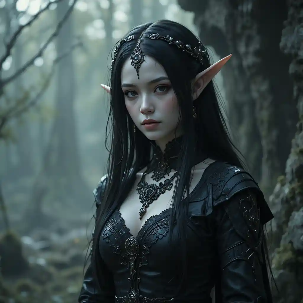 Dark elf bard woman in gothic leather and lace