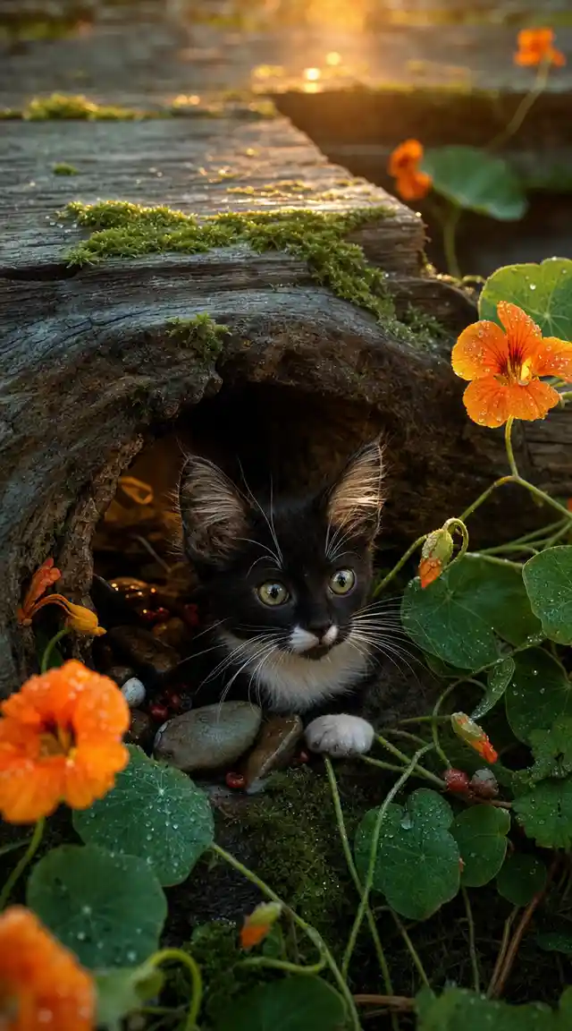 Tuxedo kitten in mossy forest knothole at sunset