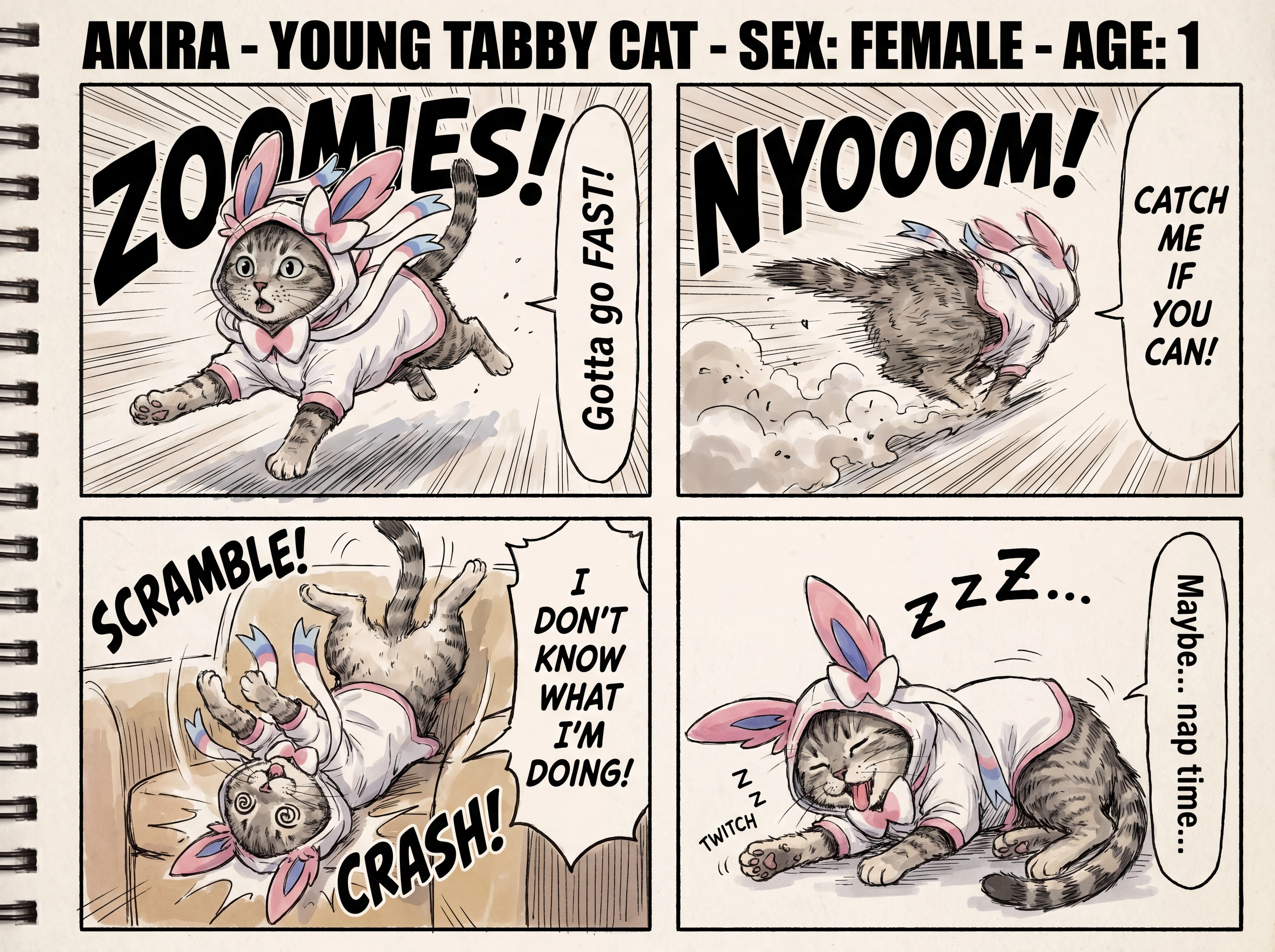 Hyperactive cartoon cat poses in manga sketchbook style