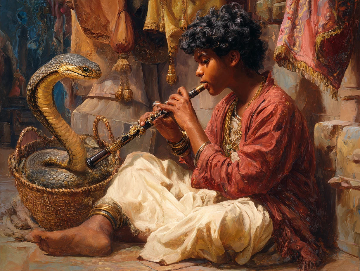Indian boy playing flute to a cobra at the market