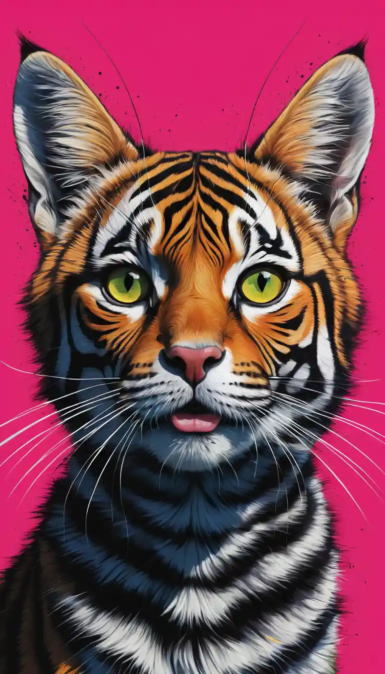 Psychedelic pop art close up portrait of a zebra striped cat