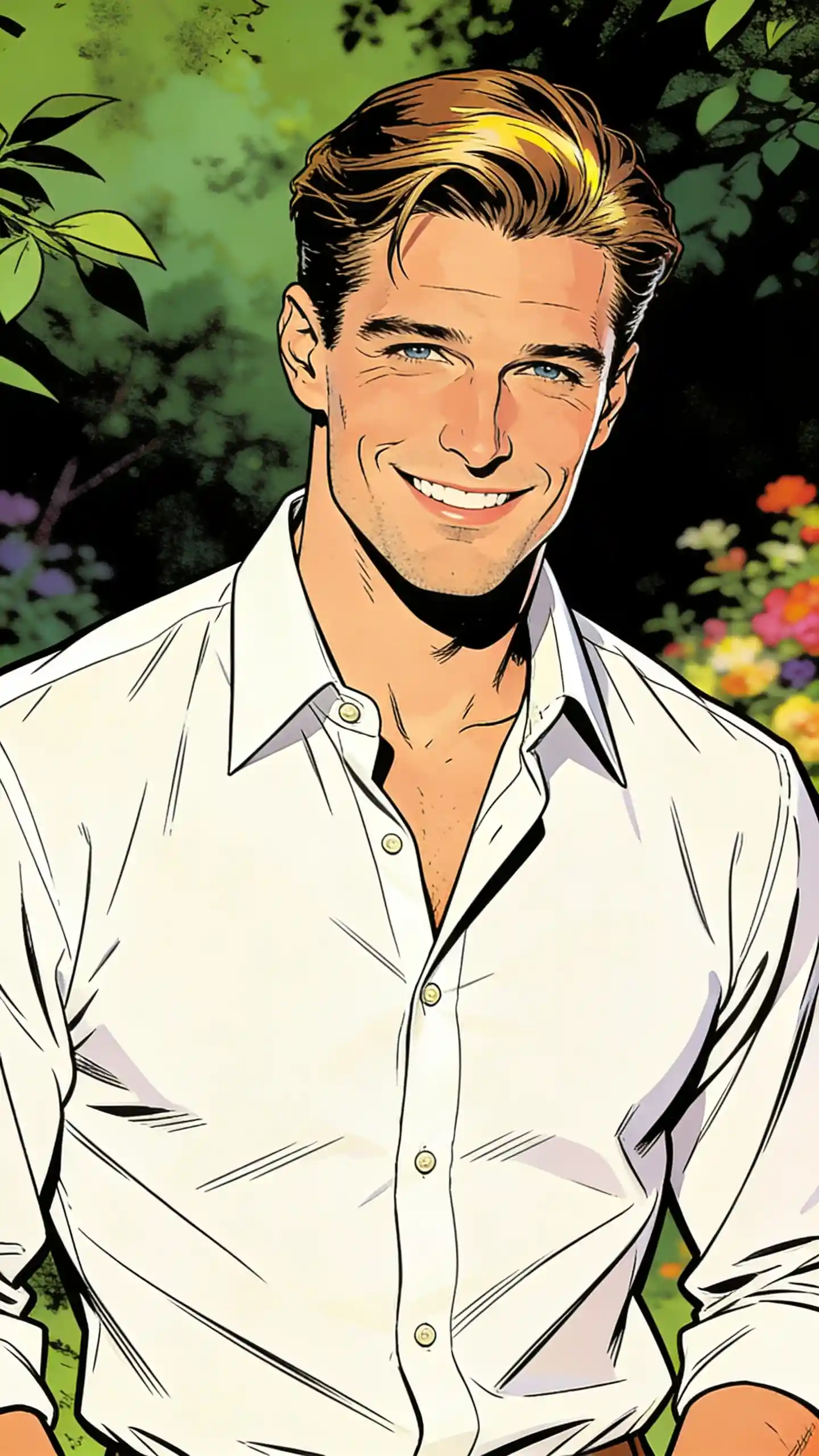 Uomo sorridente con camicia bianca in un ritratto di giardino stilizzato