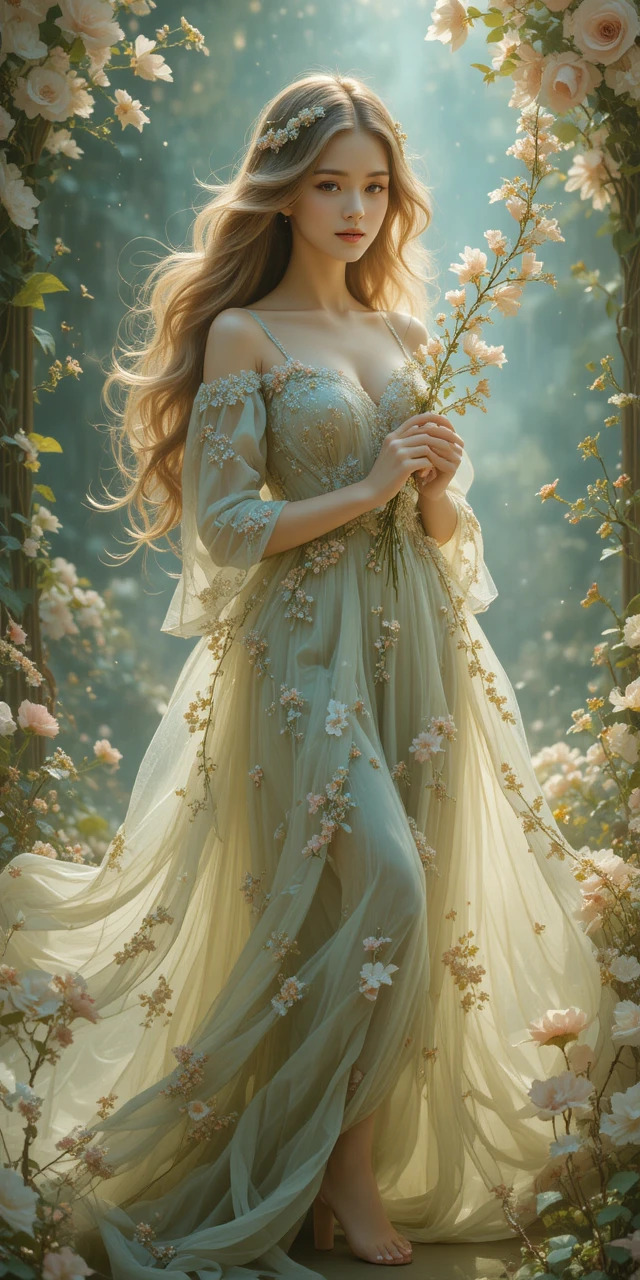 Serene spring woman in a flowing floral ethereal gown