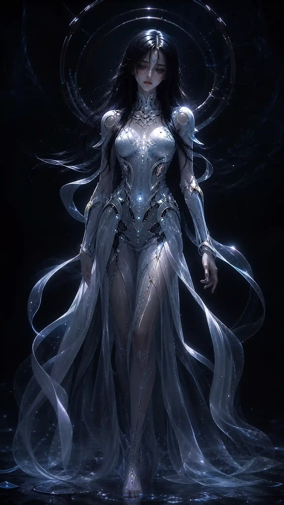Sad doll like woman in glowing cyber armor