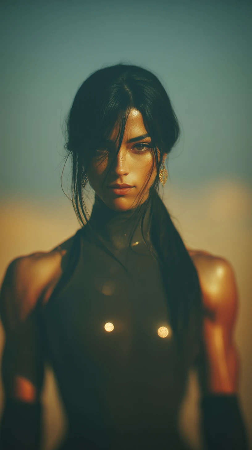 Strong middle eastern female bodybuilder in desert light