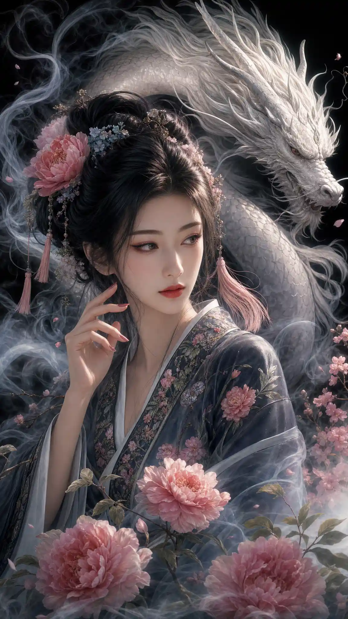 Elegant dragon spirit woman in mist with cherry blossoms