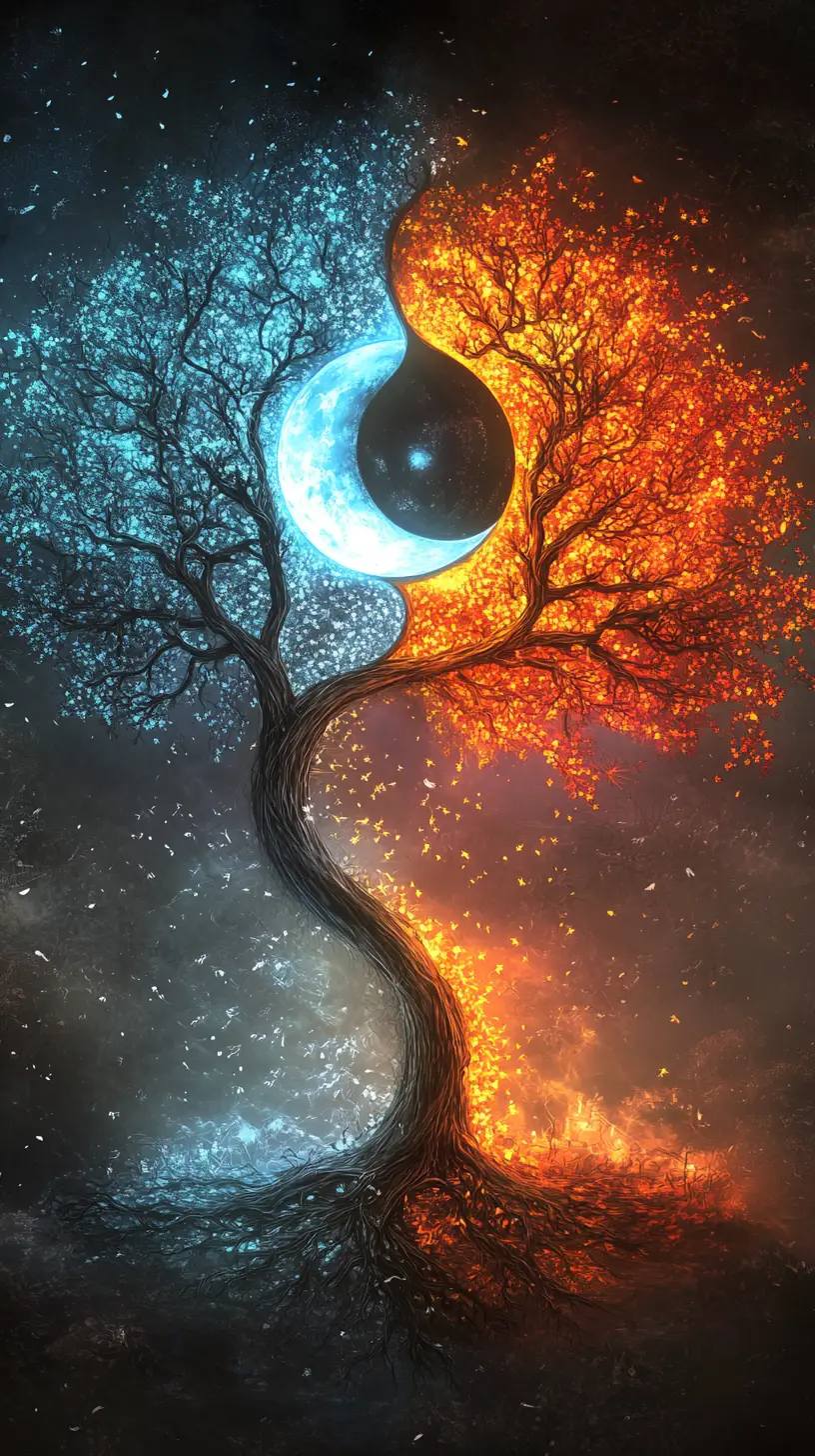 Leuchtendes Yin und Yang mit verschlungenen dunklen und hellen Bäumen
