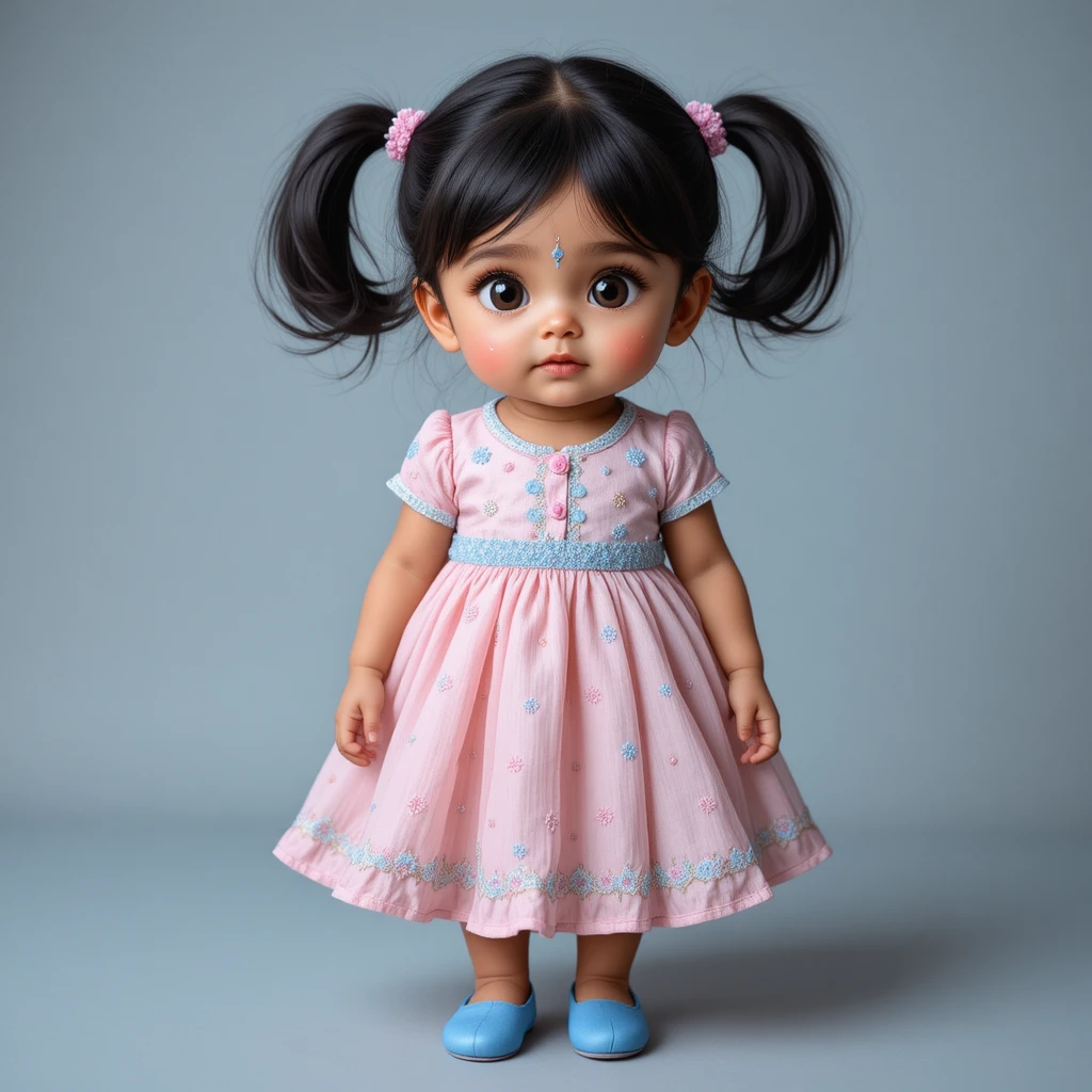 Cute girl with big eyes in pink and blue dress
