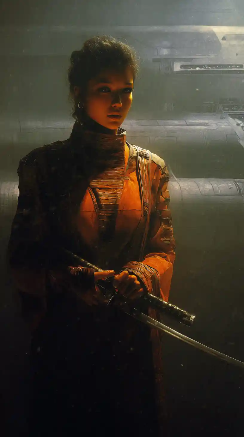 Woman holding a japanese sword in dramatic cinematic style