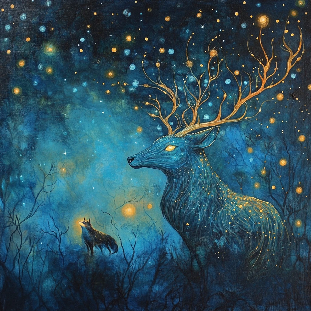 Luminous stag standing in a tranquil enchanted forest