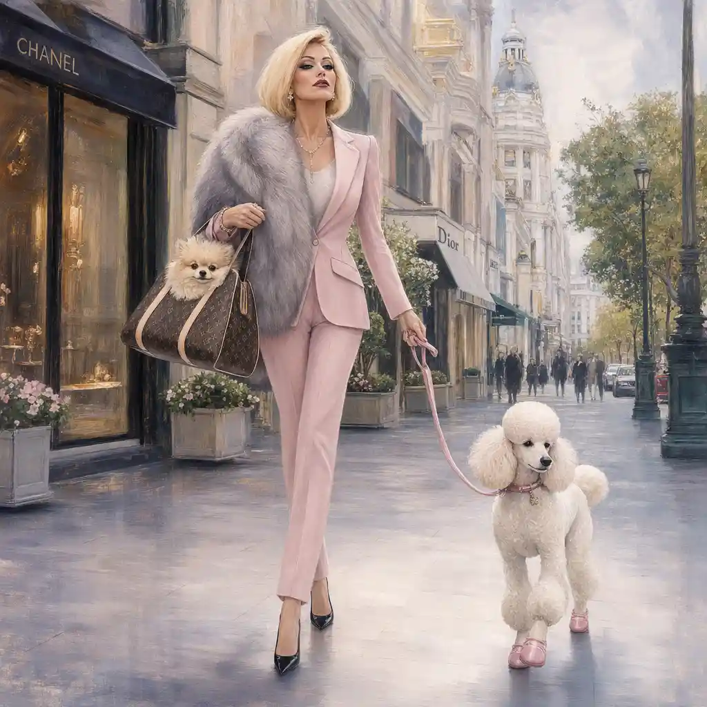 Elegant woman walking dog on luxurious city street