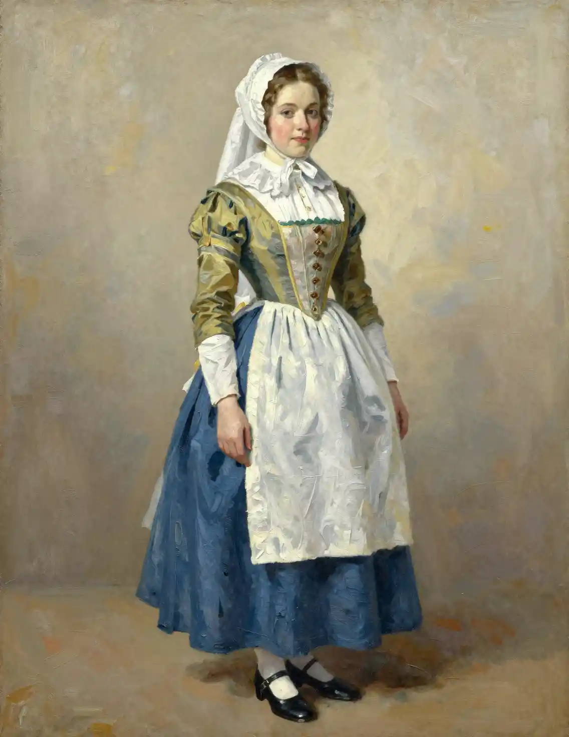 Dutch woman in traditional dress with bonnet and apron