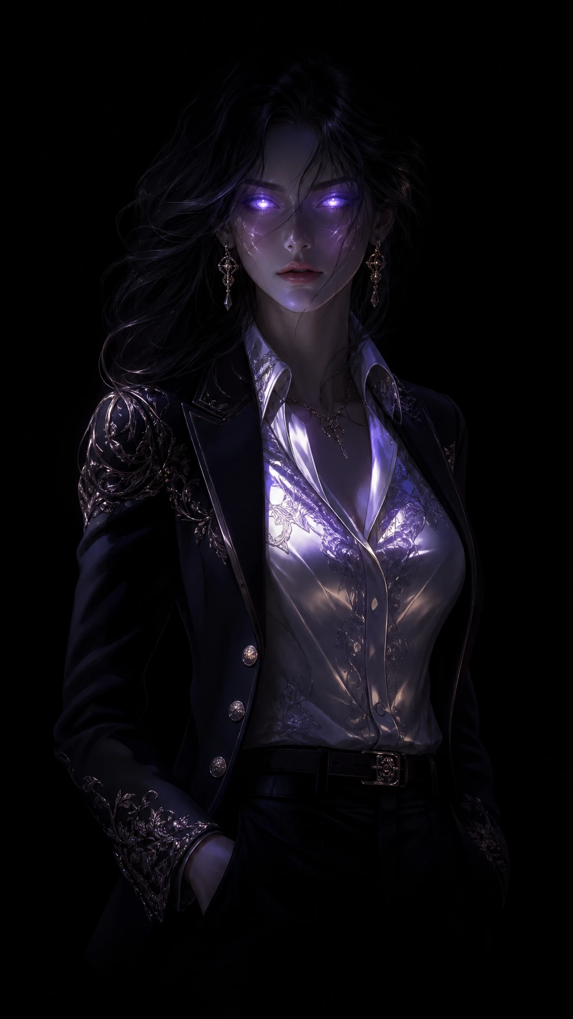 Graceful woman in patterned business shirt glowing in darkness