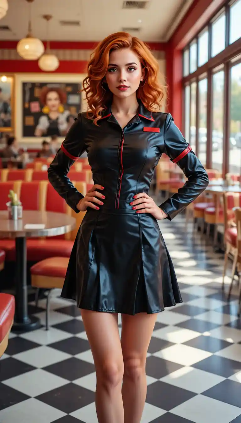 Red haired woman in retro nurse outfit in diner