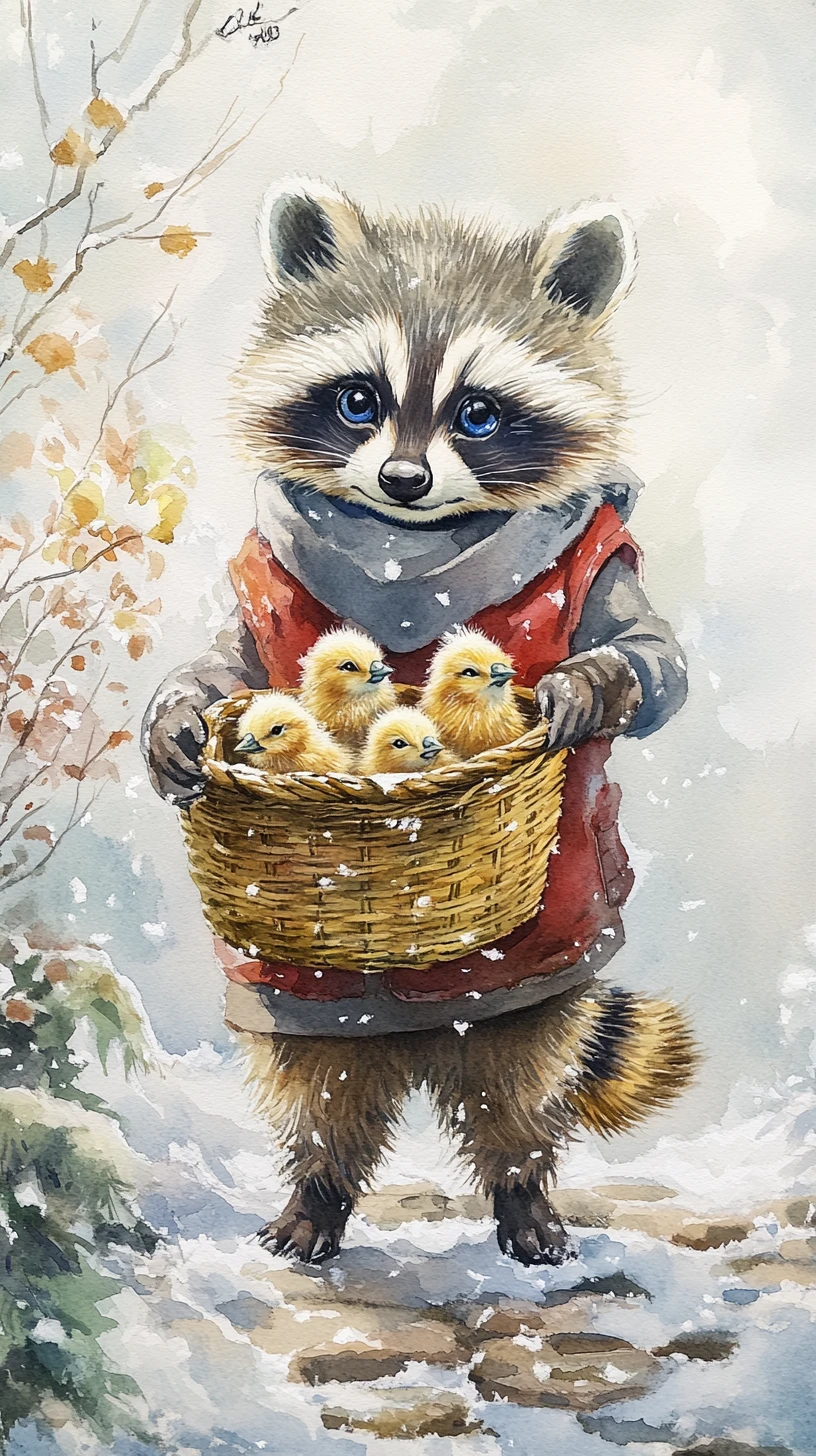 Watercolor raccoon with chicks in a snowy cobblestone street